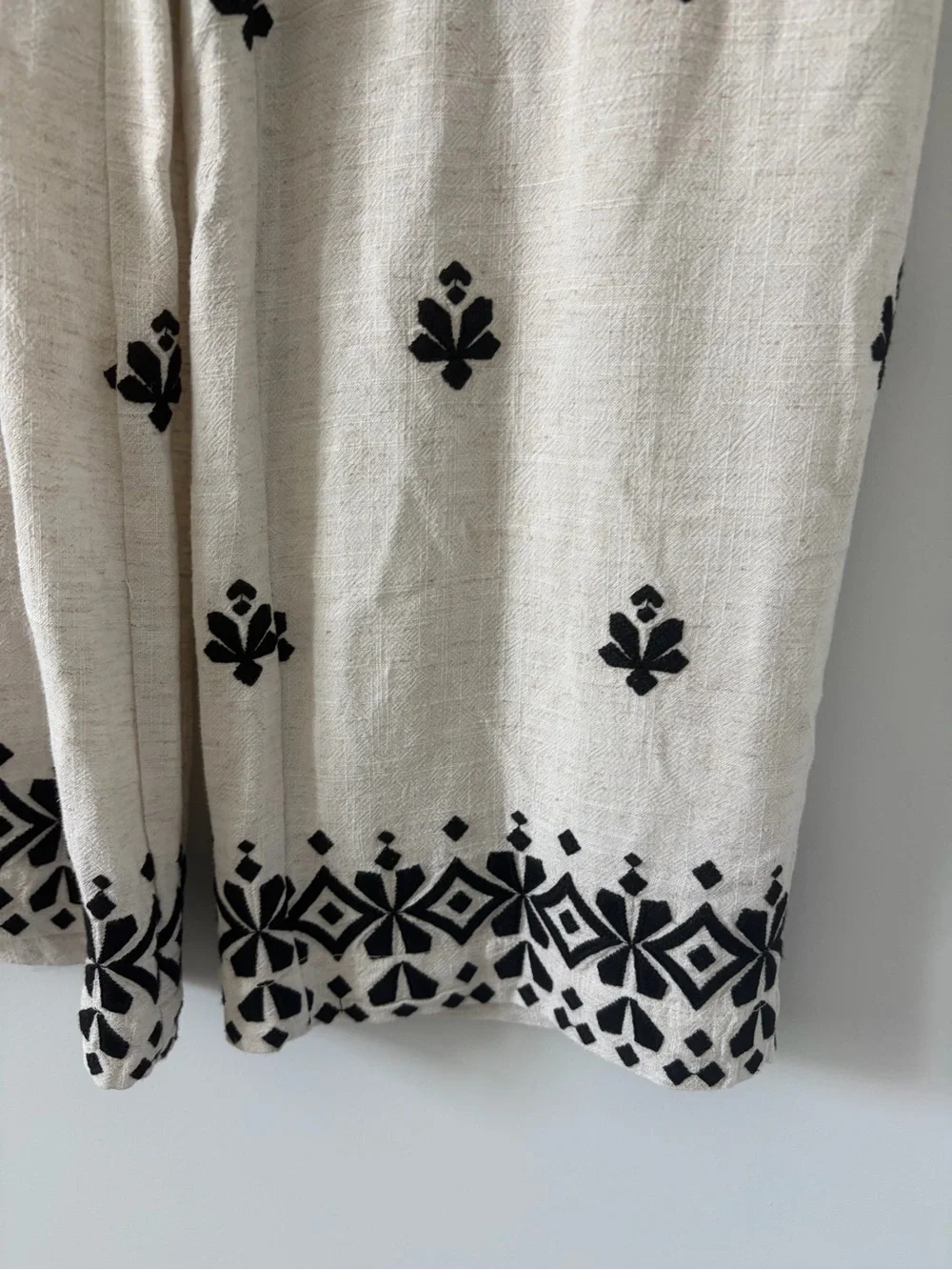 Zara Off White Black Linen Blend Geometric Boho French Countryside Casual Pants